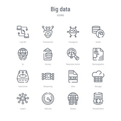 set of 16 big data concept vector line icons such as visualization, global, velocity, layers, storage, xlsx, streaming, hard drive. 64x64 thin stroke icons