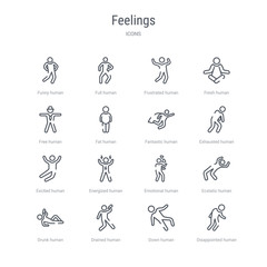set of 16 feelings concept vector line icons such as disappointed human, down human, drained human, drunk ecstatic emotional energized excited 64x64 thin stroke icons