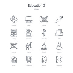 set of 16 education 2 concept vector line icons such as dictionary, autumn, chalkboard, exam, uniform, school, teacher, papyrus. 64x64 thin stroke icons