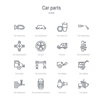 set of 16 car parts concept vector line icons such as car starter, car sump, sunroof or sunshine roof, suspension, tailgate, tailpipe, torsion bar, towbar. 64x64 thin stroke icons