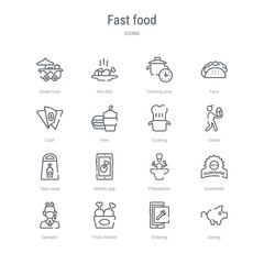 set of 16 fast food concept vector line icons such as saving, ordering, fried chicken, operator, guarantee, preparation, mobile app, take away. 64x64 thin stroke icons