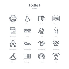 set of 16 football concept vector line icons such as cup, stadium, soccer goal, corner, soccer jersey, referee jersey, football shoes, commentator. 64x64 thin stroke icons