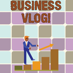Handwriting text writing Business Vlog. Conceptual photo A video content about subject matter related to the company Smiling Businessman Climbing Colorful Bar Chart Following an Arrow Going Up