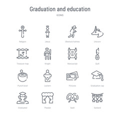set of 16 graduation and education concept vector line icons such as garland, sash, theater, graduated, graduation cap, pictures, lectern, punch bowl. 64x64 thin stroke icons