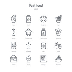 set of 16 fast food concept vector line icons such as noodles, receipt, cups, bakery, sushi, can, beverage, chocolate. 64x64 thin stroke icons