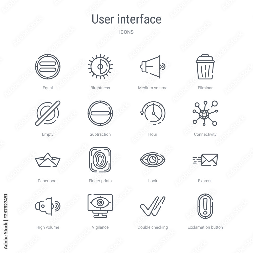 Aufkleber set of 16 user interface concept vector line icons such as exclamation button, double checking, vigi