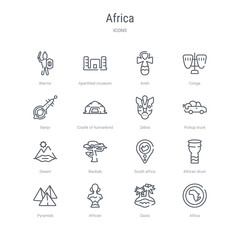 set of 16 africa concept vector line icons such as africa, oasis, african, pyramids, african drum, south africa, baobab, desert. 64x64 thin stroke icons