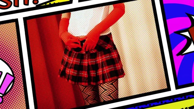 Inside a panel of a comic book page: a sexy woman wearing lingerie (a white corset) begins removing her skirt. The clip stops before becoming explicit.