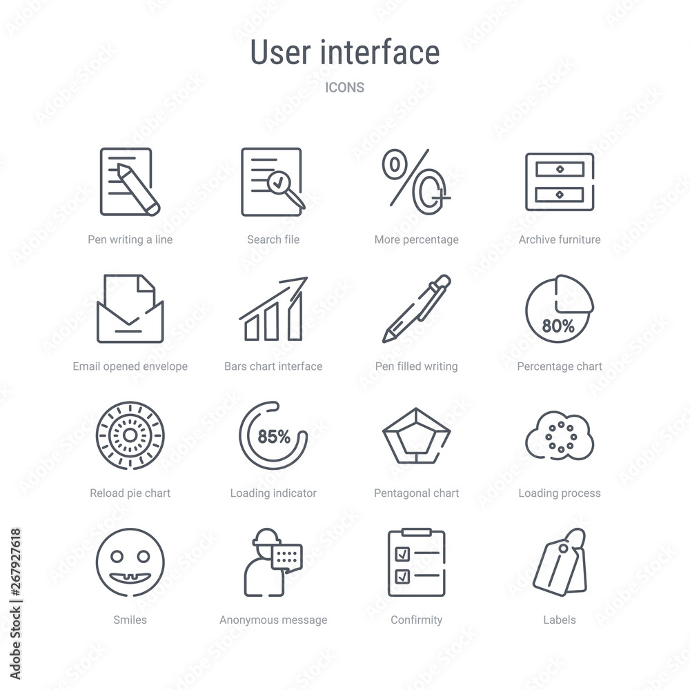 Aufkleber set of 16 user interface concept vector line icons such as labels, confirmity, anonymous message, sm
