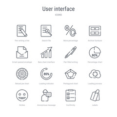 set of 16 user interface concept vector line icons such as labels, confirmity, anonymous message, smiles, loading process, pentagonal chart, loading indicator, reload pie chart. 64x64 thin stroke