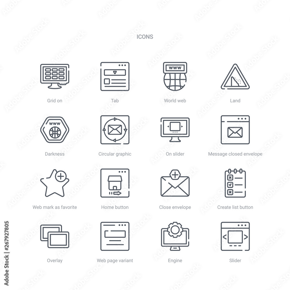Poster set of 16 web concept vector line icons such as slider, engine, web page variant, overlay, create li