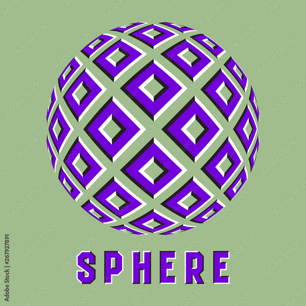 Poster abstract logo symbol in sphere shape with motion illusion effect. purple emblem with moving square e