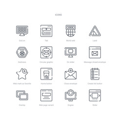set of 16 web concept vector line icons such as slider, engine, web page variant, overlay, create list button, close envelope, home button, web mark as favorite star. 64x64 thin stroke icons
