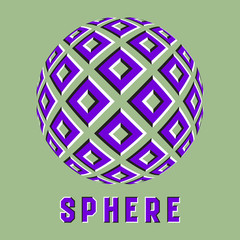 Abstract logo symbol in sphere shape with motion illusion effect. Purple emblem with moving square elements.