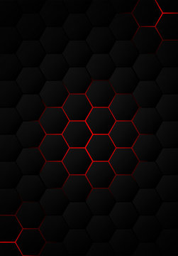 Abstract. Hexagon black background ,red light and shadow. Vector.