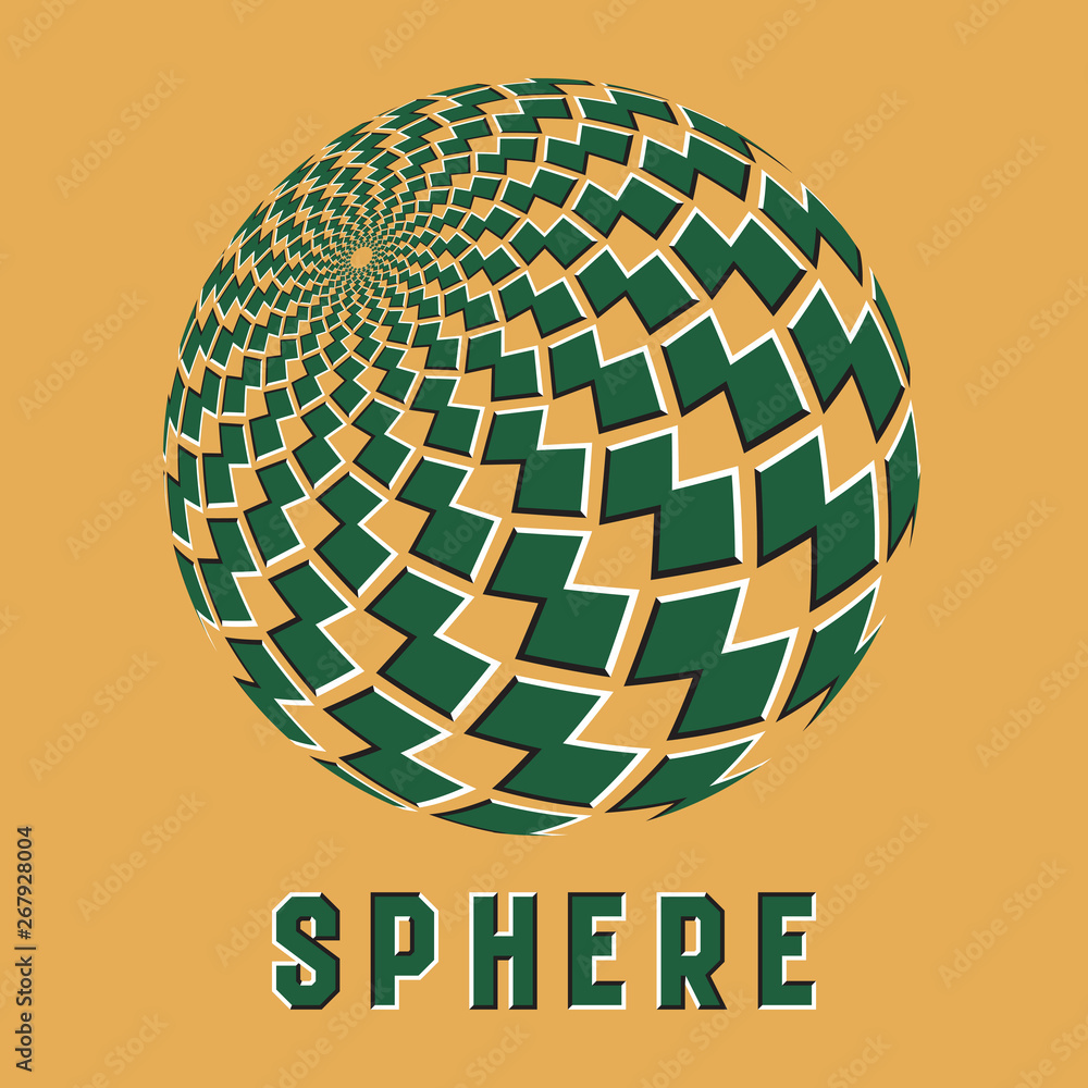 Poster abstract sphere logo symbol with motion illusion effect. green globe emblem with moving polygons ele