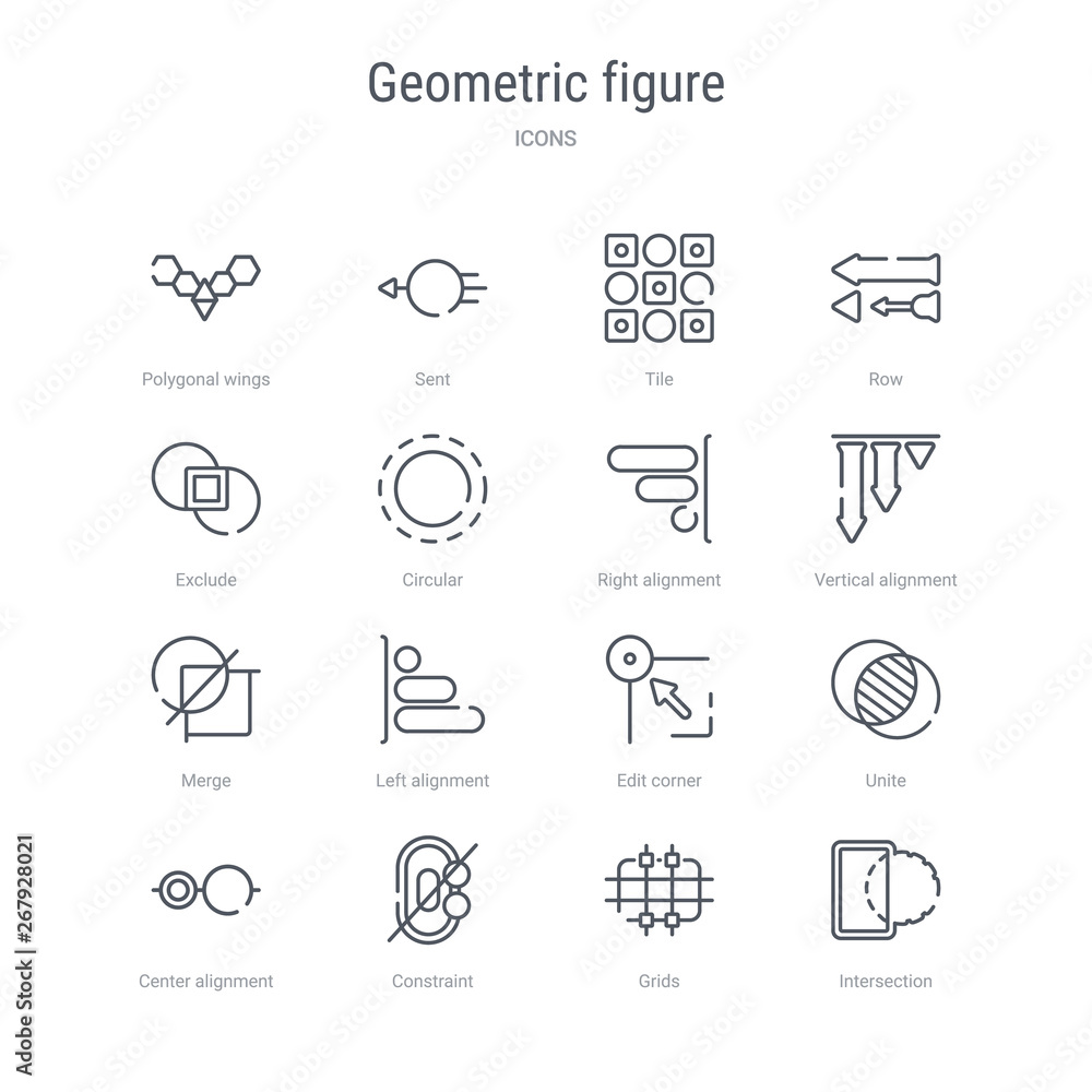 Poster set of 16 geometric figure concept vector line icons such as intersection, grids, constraint, center