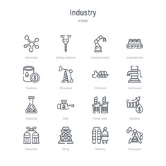 set of 16 industry concept vector line icons such as pump jack, refinery, oil rig, extraction, oil price, fossil fuels, oiler, chemical. 64x64 thin stroke icons