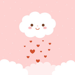 Naklejka premium Cute cloud with hearts on pink sky background