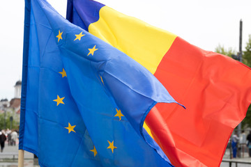 The European Union flag and Romanian flag isolated 
