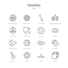 set of 16 geometry concept vector line icons such as 3d cube, angle, asterisk, diameter, dimensions, disk, dodecahedron, double hexagon of small triangles. 64x64 thin stroke icons