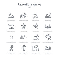 set of 16 recreational games concept vector line icons such as people playing air hockey, people playing arcade game, people playing archery, ball, basketball, billiard, board games, bowling. 64x64