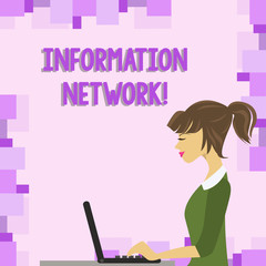 Word writing text Information Network. Business photo showcasing computers were linked together to share information photo of Young Busy Woman Sitting Side View and Working on her Laptop