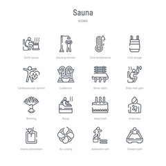 set of 16 sauna concept vector line icons such as 2steam bath, adrenalin rush, air cooling, aroma stimulation, arterioles, asian bath, banja, birching. 64x64 thin stroke icons