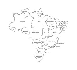 Vector isolated illustration of simplified administrative map of Brazil. Borders and names of the regions. Black line silhouettes