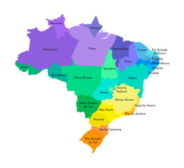 Vector isolated illustration of simplified administrative map of Brazil. Borders and names of the regions. Multi colored silhouettes