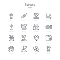 set of 16 success concept vector line icons such as punch, clover, peak, passed, treasure, gem, monument, send. 64x64 thin stroke icons