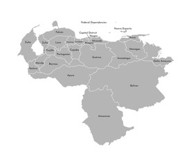 Vector isolated illustration of simplified administrative map of Venezuela. Borders and names of the provinces (regions). Grey silhouettes. White outline