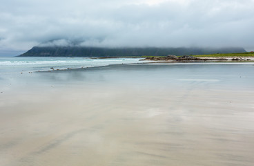 Summer cloudy Ramberg beach, Norway, Lofoten