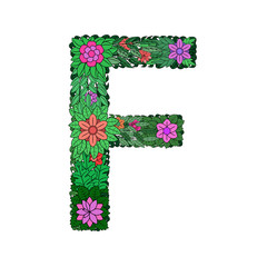The letter F -  bright element of the colorful floral alphabet on a white background. Made from flowers, twigs and leaves. Floral spring ABC element in vector.