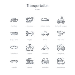 set of 16 transportation concept vector line icons such as airport shuttle, automobile, caboose, cabriolet, camper car, catamaran, chairlift, compact car. 64x64 thin stroke icons