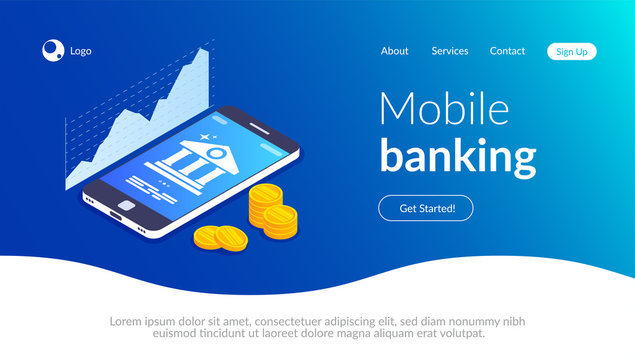 Mobile banking concept. Online bank template. Bank icon on smartphone screen. Coins stack on the background of a mobile phone. Vector 3d isometric illustration.