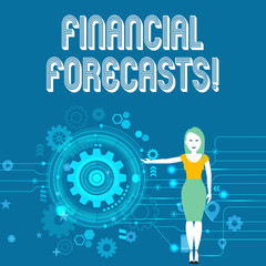 Text sign showing Financial Forecasts. Business photo showcasing estimate of future financial outcomes for a company Woman Standing and Presenting the SEO Process with Cog Wheel Gear inside