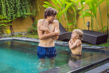 Dad and son was frozen in the pool. Very cold water in the pool. Need heated water