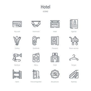 set of 16 hotel concept vector line icons such as stairway, no pictures, fire extinguisher, bunk, hanger, hotel, menu, hairdryer. 64x64 thin stroke icons