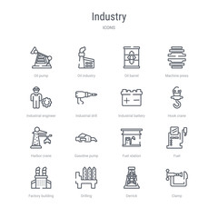 set of 16 industry concept vector line icons such as clamp, derrick, drilling, factory building, fuel, fuel station, gasoline pump, harbor crane. 64x64 thin stroke icons