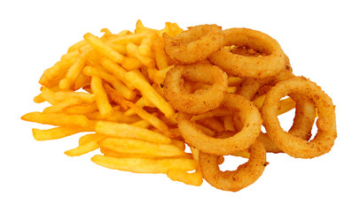 French fries and fried onion rings isolated on a white background