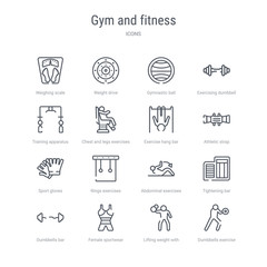 set of 16 gym and fitness concept vector line icons such as dumbbells exercise, lifting weight with right arm, female sportwear, dumbbells bar, tightening bar, abdominal exercises, rings exercises,