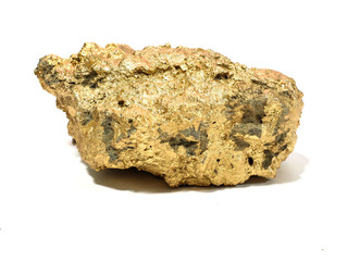 macro Gold ore in the boulder , precious stone on white background