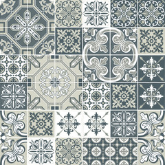 Azulejo tile seamless pattern. Traditional Portuguese ornament in patchwork style. - obrazy, fototapety, plakaty