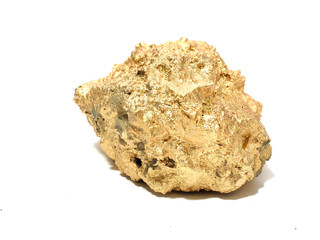 macro Gold ore in the boulder , precious stone on white background