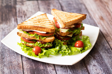 Sandwich with cheese, tomato, cucumber, sausage and salad on wooden background. Horizontal orientation