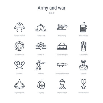 set of 16 army and war concept vector line icons such as condecoration, depth charge, dog tag, fighter plane, general, grenade launcher, infantry, knuckle. 64x64 thin stroke icons