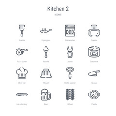 set of 16 kitchen 2 concept vector line icons such as paella, wheat, beer, ice cube tray, scoop, bottle opener, mould, chef hat. 64x64 thin stroke icons