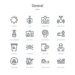 set of 16 general concept vector line icons such as stock prices, tape measure, team leader, team target, teenager, text chat, trackability, urine test. 64x64 thin stroke icons