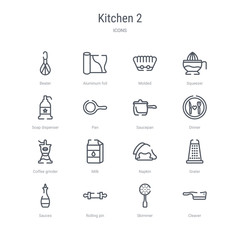 set of 16 kitchen 2 concept vector line icons such as cleaver, skimmer, rolling pin, sauces, grater, napkin, milk, coffee grinder. 64x64 thin stroke icons